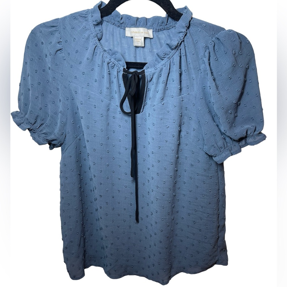 Monteau Slate Blue Chenille Polkadot Blouse size S